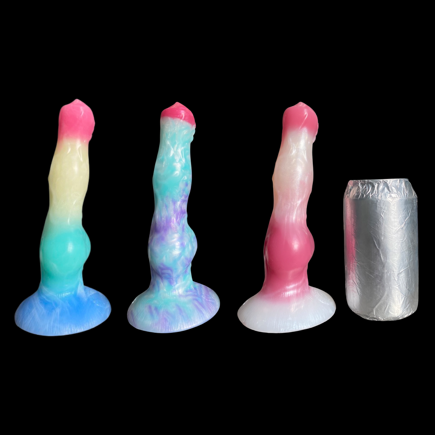 Rainbow, Blue, Rose Knot Dildos Side View